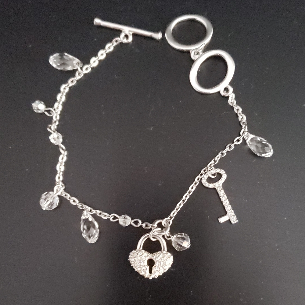 Swarovski Silver Bracelet with Heart Lock and Key Charms